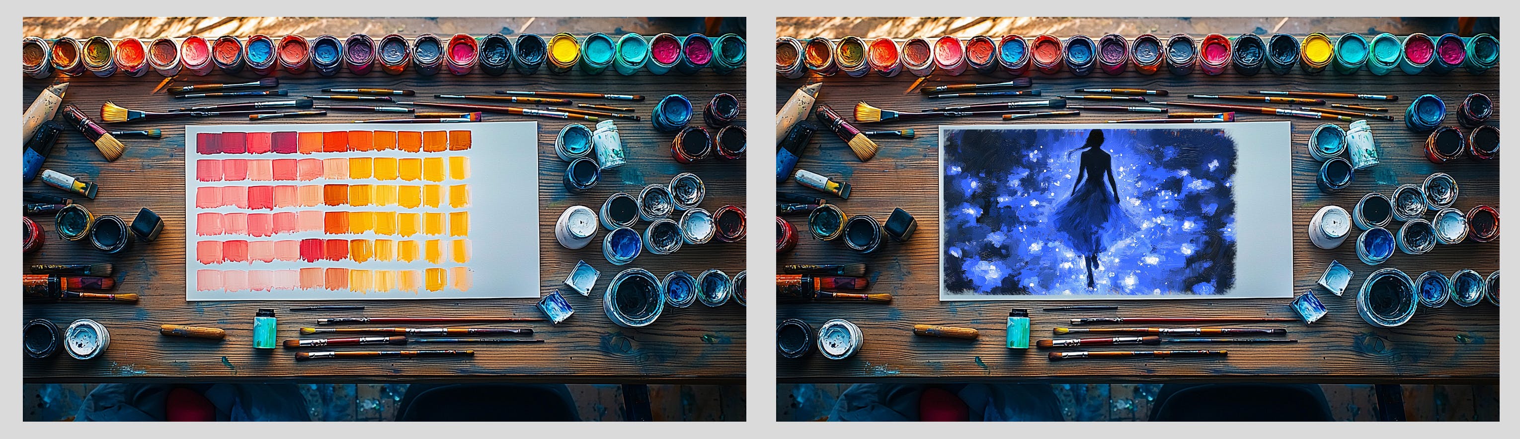 페인트의 색상이 다른 테이블에 그림 사진