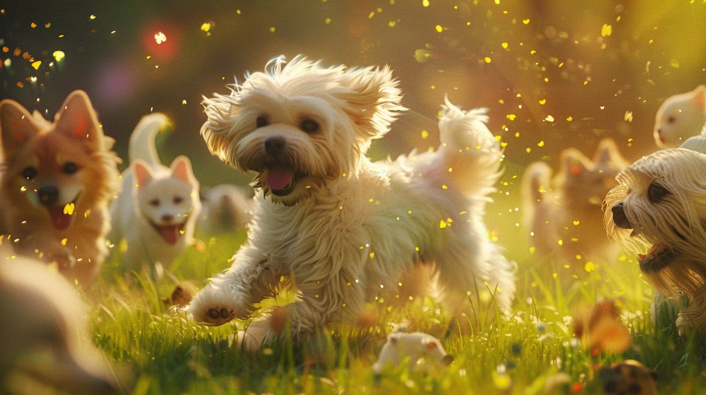 한 무리의 개들이 풀밭에서 달리고 있다