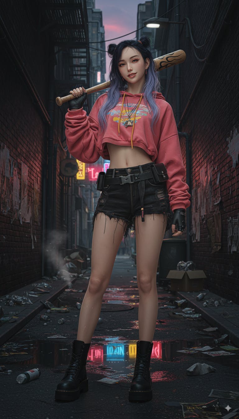 골목길에서 야구 방망이를 들고있는 소녀