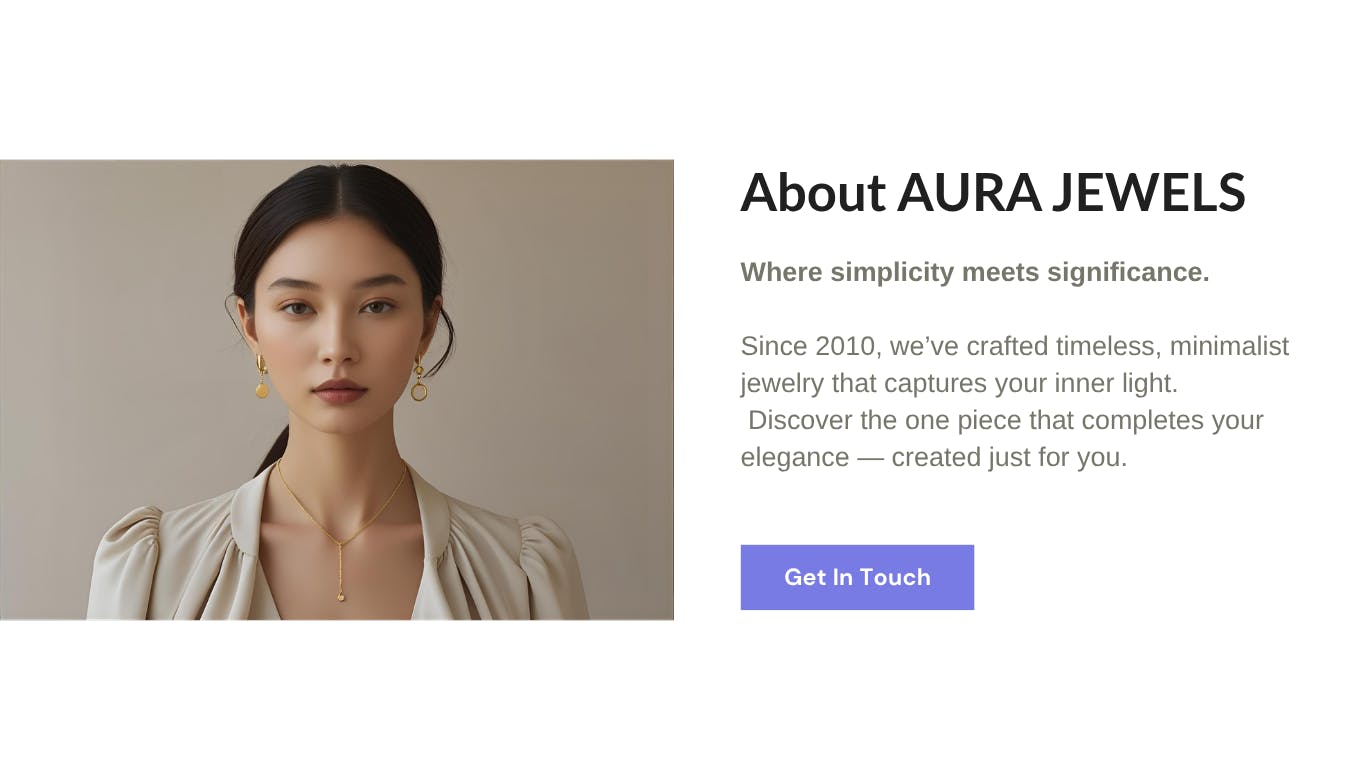 한 여성이 Aura Jewels에 관한 단어와 함께 웹 사이트 앞에 서 있습니다.