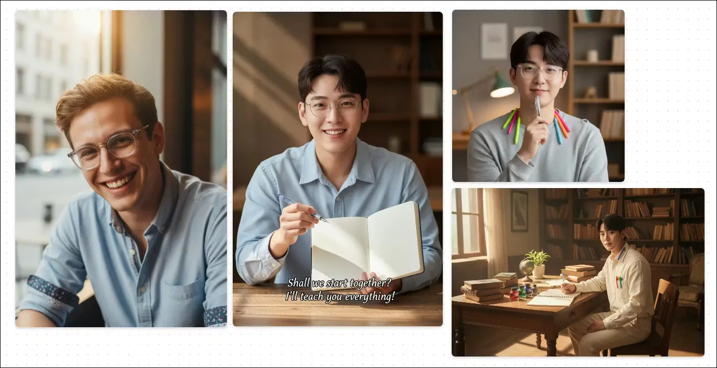 책상에 앉아 있는 남자와 여자의 사진 콜라주