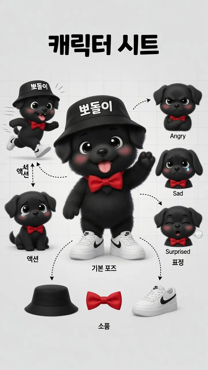 나비넥타이를 매고 신발을 신은 검은 개