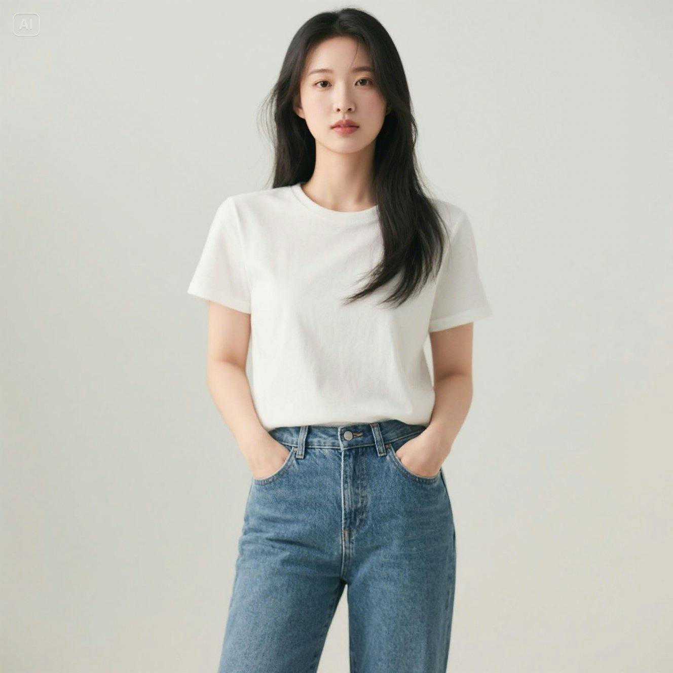 흰색 T- 셔츠와 청바지를 입은 여자