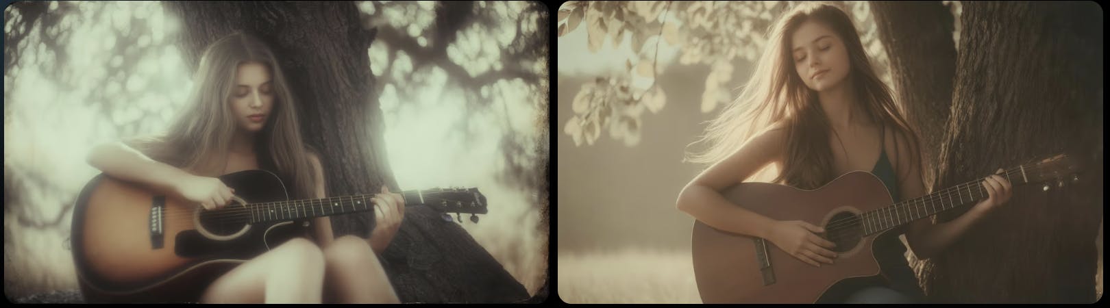 어쿠스틱 기타를 연주하는 소녀의 두 사진