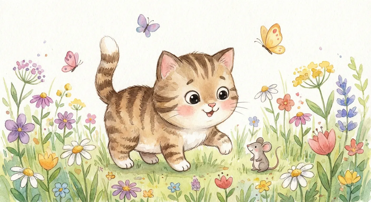 초원에 있는 새끼 고양이와 쥐의 수채화 그림