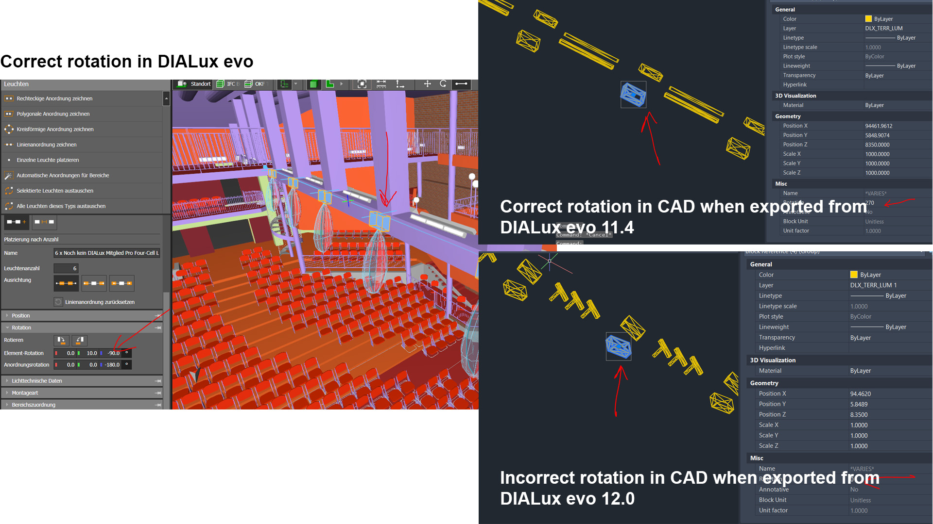 DIALux Evo 12.0 DWG Export Randomly Changing Rotation Of Certain Luminaires