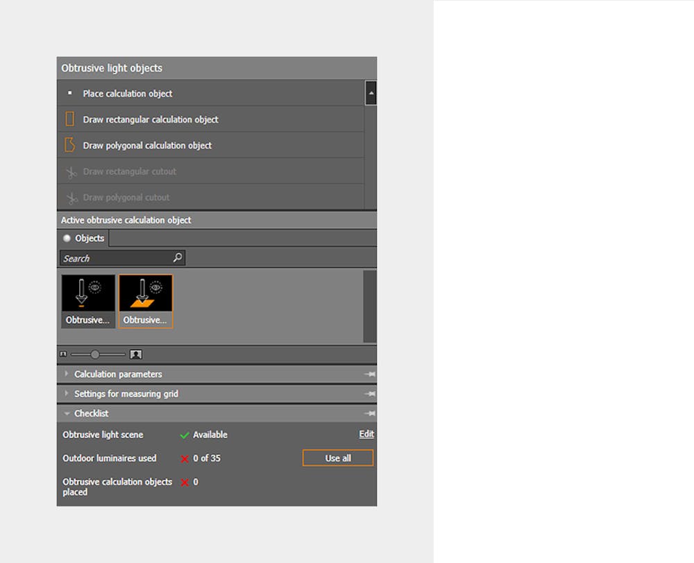 Outlook Obtrusive light calculation in DIALux evo