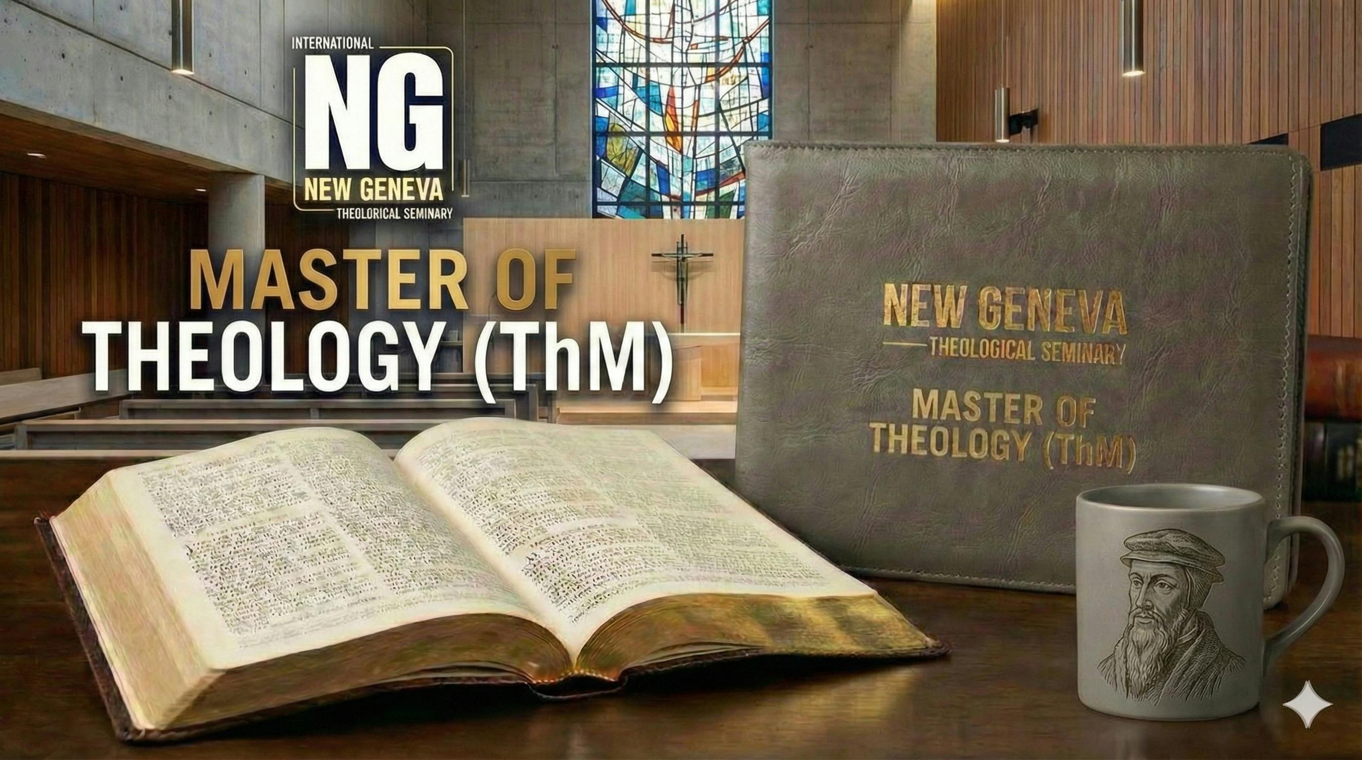 Master of Theology degree program graphic featuring a Bible and coffee mug bearing John Calvin's face.