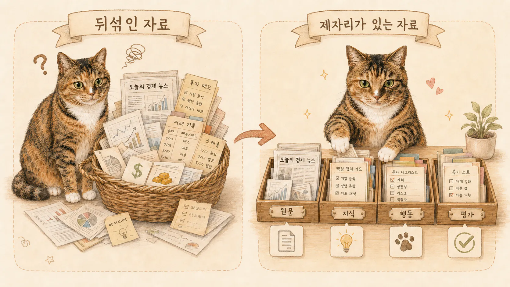 책과 서류가 담긴 바구니에 앉아 있는 고양이