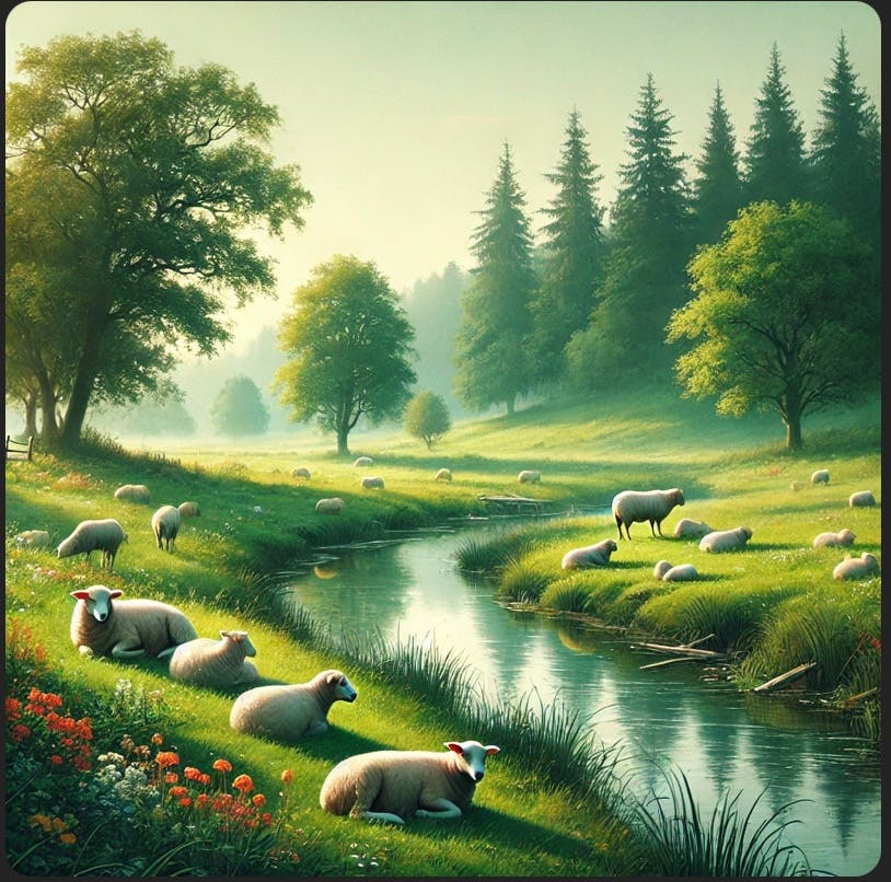 강가에서 풀을 뜯고 있는 양들의 그림