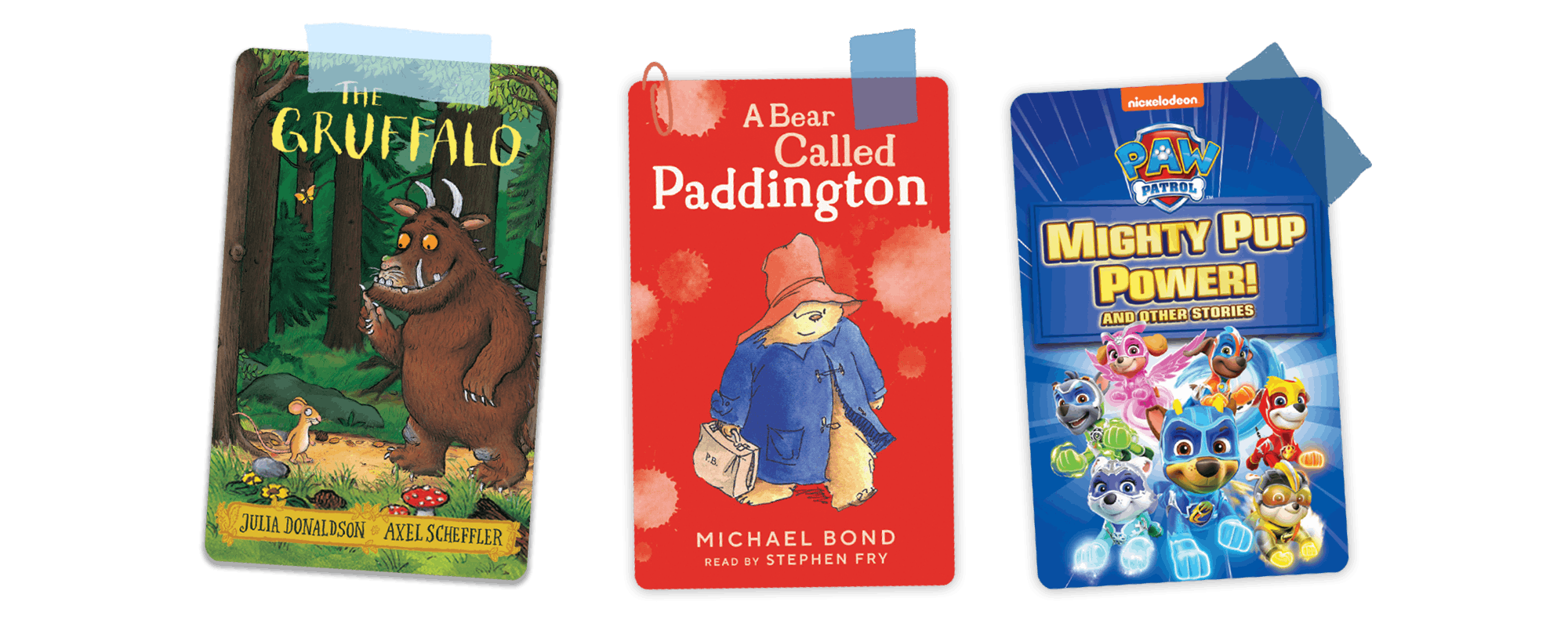 Three Yoto cards: The Gruffalo, A Bear Called Paddington, and Mighty Pup Power.
