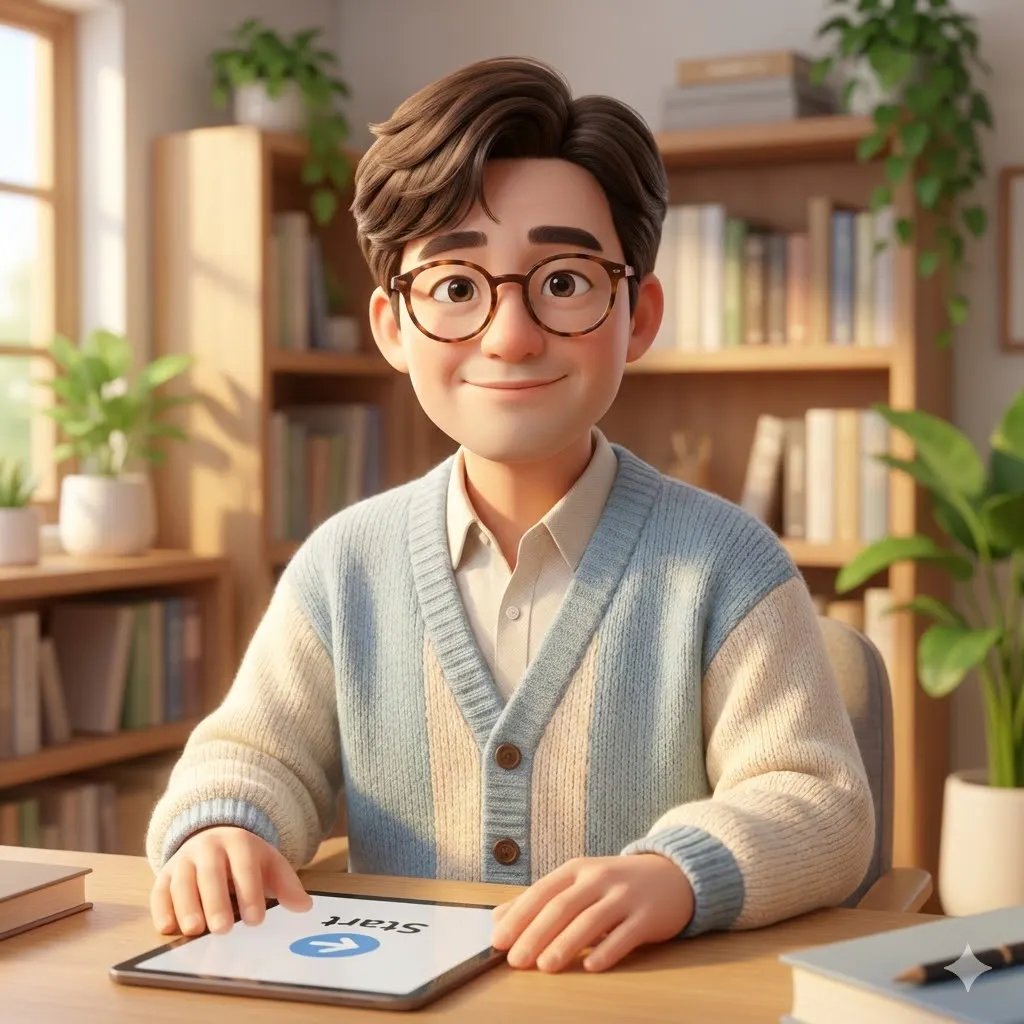 안경을 쓴 소년이 태블릿을 들고 책상에 앉아 있다