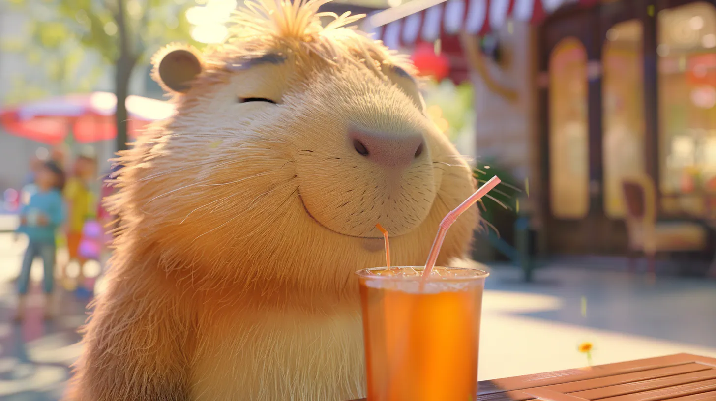 야외 테이블에서 빨대에서 마시는 비버