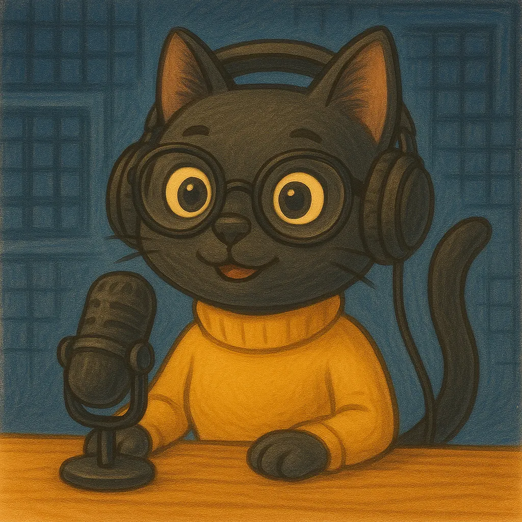 헤드폰이 마이크에 앉아있는 검은 고양이