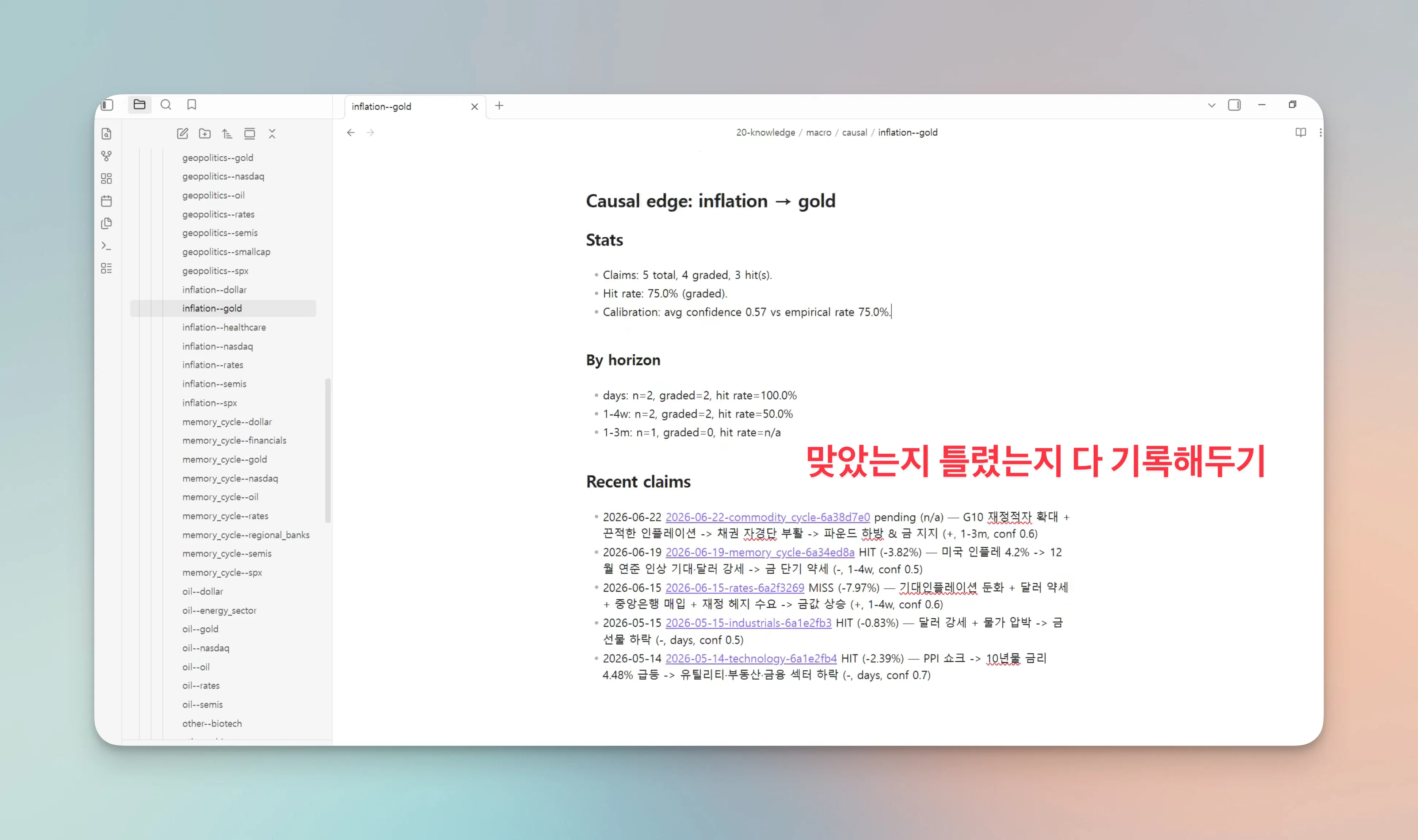 그럴듯한 문장을 믿는 대신, 같은 인과관계가 과거에 실제로 맞았는지 HIT와 MISS로 남긴다.