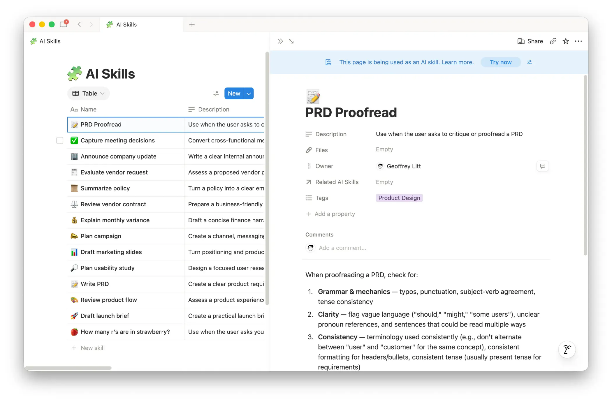노션 AI Skills 데이터베이스 화면. 왼쪽 표에 PRD Proofread 등 스킬 목록과 Description 열, 오른쪽 페이지 위에 AI 스킬로 쓰이고 있다는 안내 줄