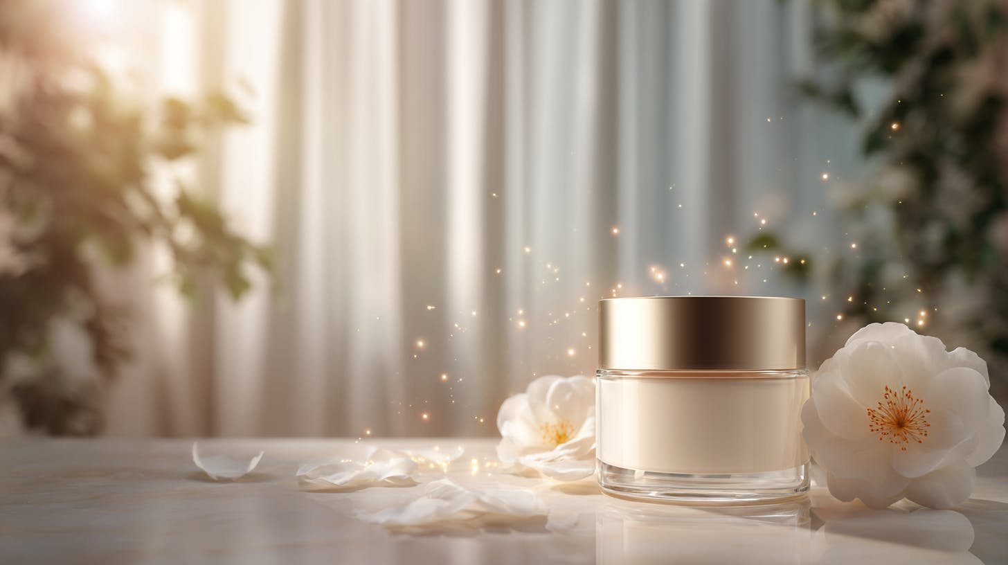 테이블에 흰 꽃을 곁들인 크림 항아리