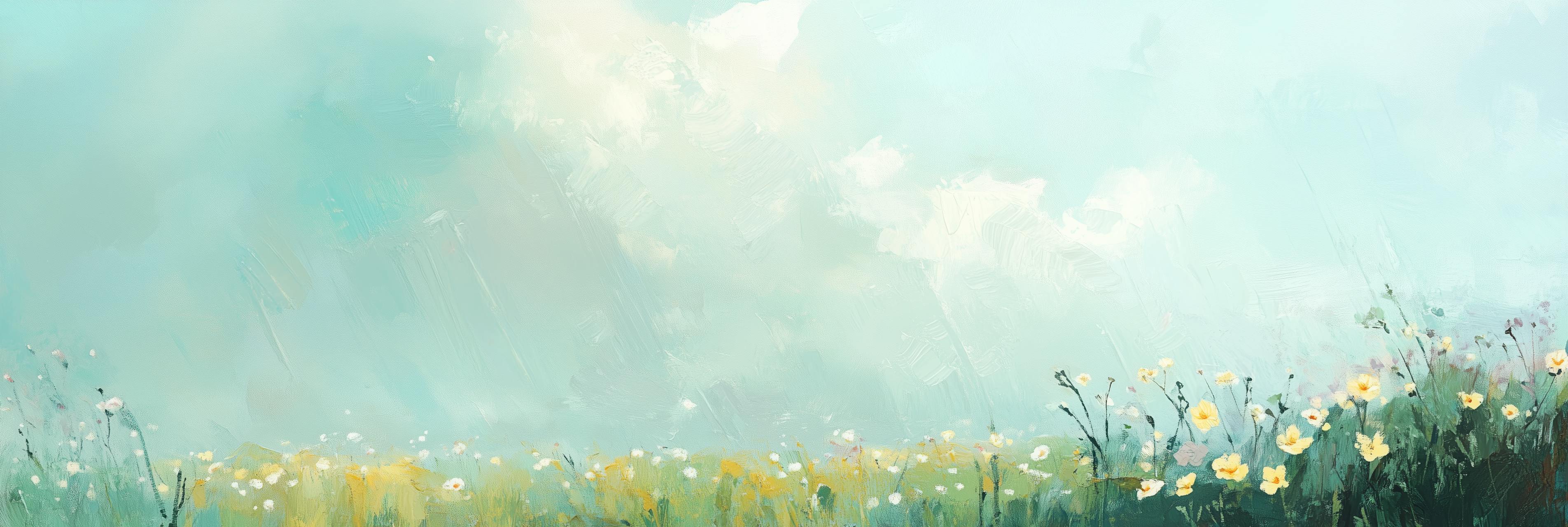 노란 꽃과 푸른 하늘이있는 들판의 그림