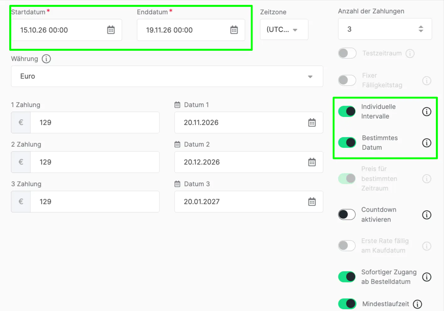 Screenshot Individuelle Intervalle und Bestimmtest Datum
