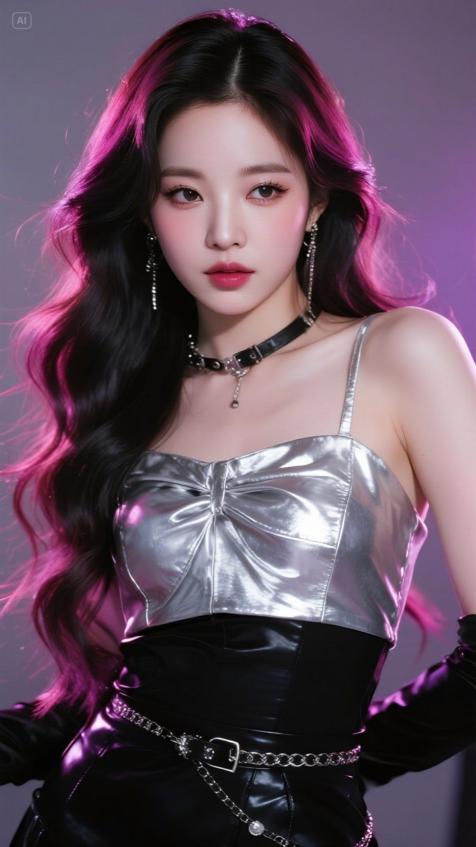 사진을 위해 포즈를 취하는 은색 드레스를 입은 소녀