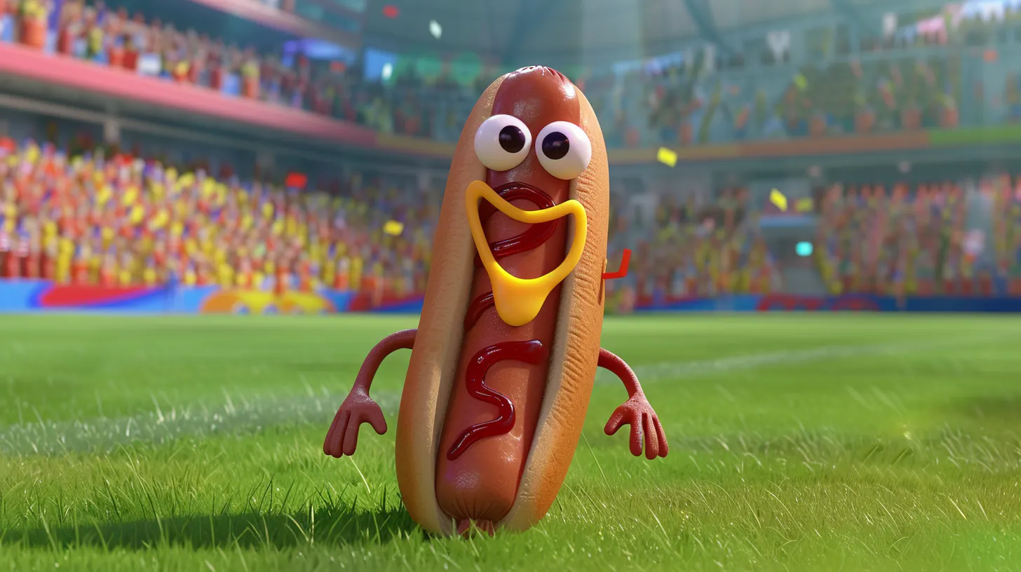 만화 핫도그가 축구장에 서 있습니다.