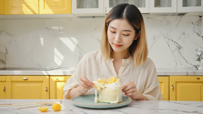 여자가 노란색 부엌에서 케이크를 먹는다