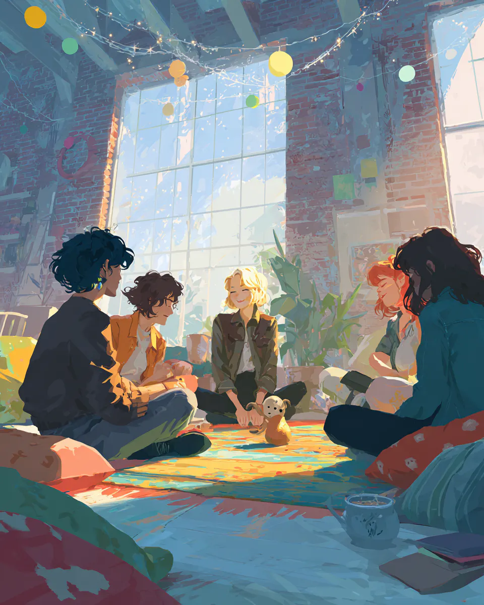 방에서 바닥에 앉아있는 사람들의 그룹