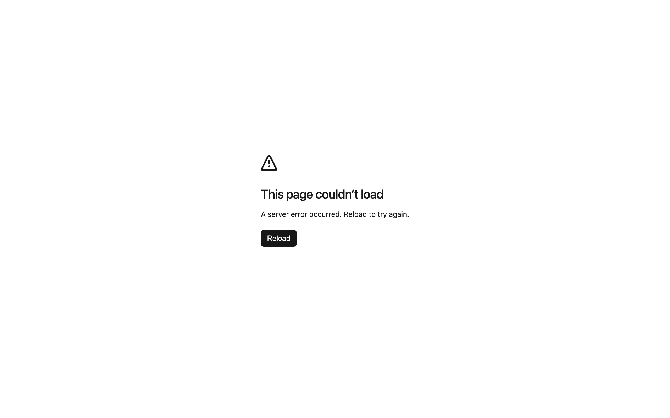 오픈AI 홈페이지 오류 화면. 흰 배경 가운데 경고 삼각형과 This page couldn't load, A server error occurred 문구, 검은 Reload 버튼