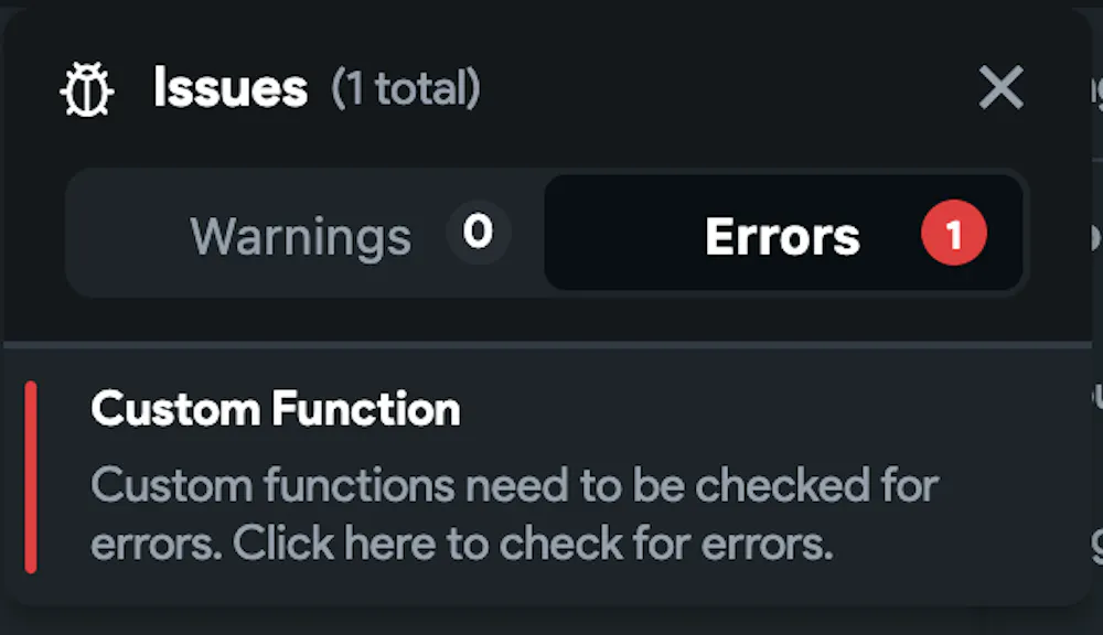 Persistent 'Custom Functions needs to be checked' Error
