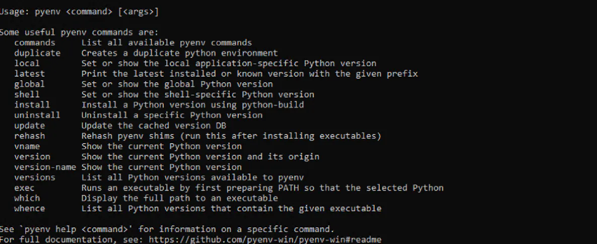 명령 목록이있는 검은 색 화면