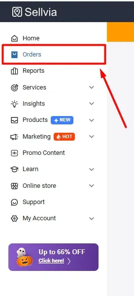 picture showing the Orders section in the Sellvia account that allows to process orders
