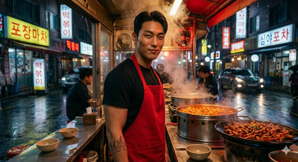 빨간 앞치마를 입은 남자가 푸드트럭 앞에 서 있다
