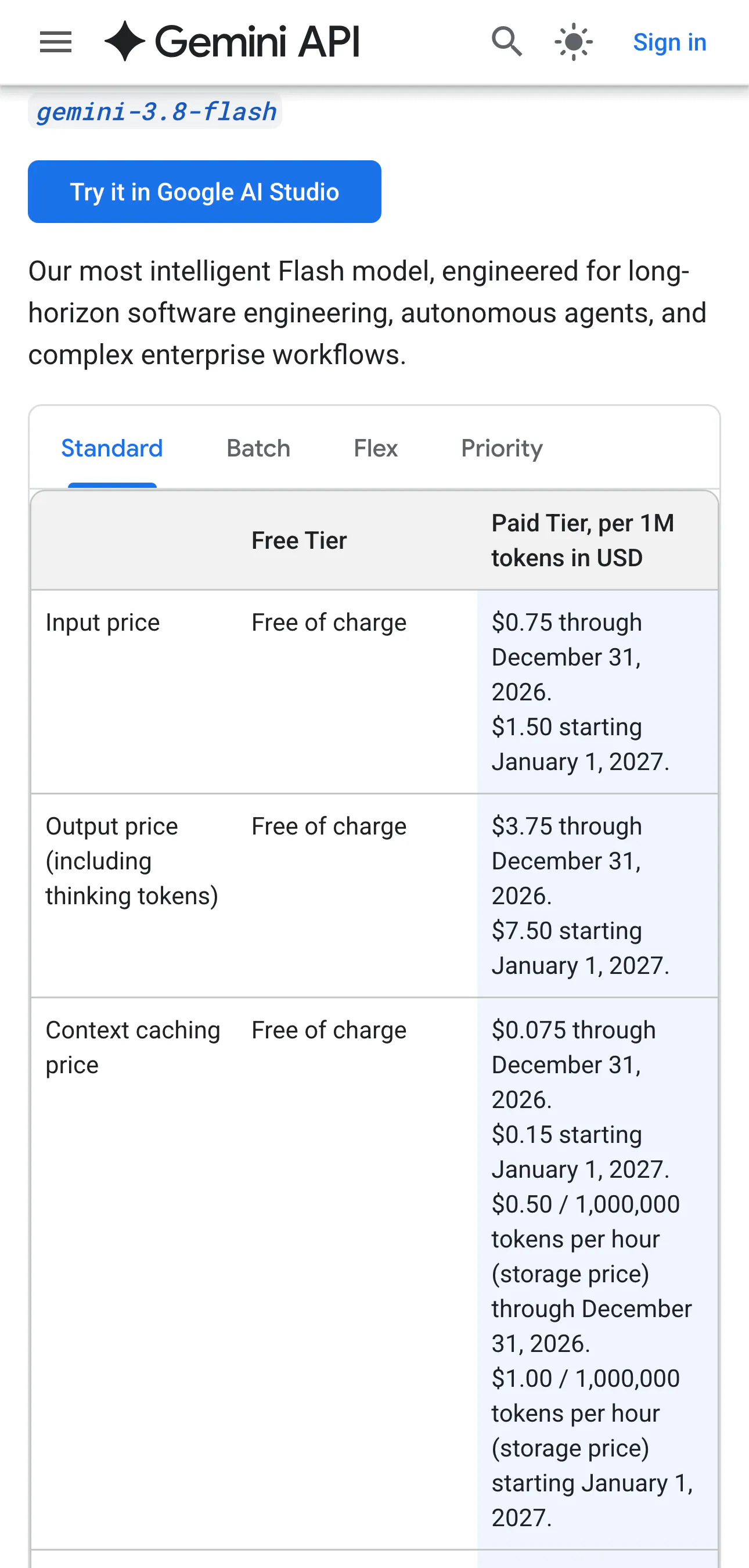 구글 제미나이 API 공식 가격 문서의 gemini-3.8-flash 항목. 무료 티어는 입력과 출력, 컨텍스트 캐싱이 모두 Free of charge로 적혀 있고, 유료 티어에는 입력 0.75달러가 2026년 12월 31일까지, 1.5달러가 2027년 1월 1일부터라고 두 값이 함께 표시돼 있다
