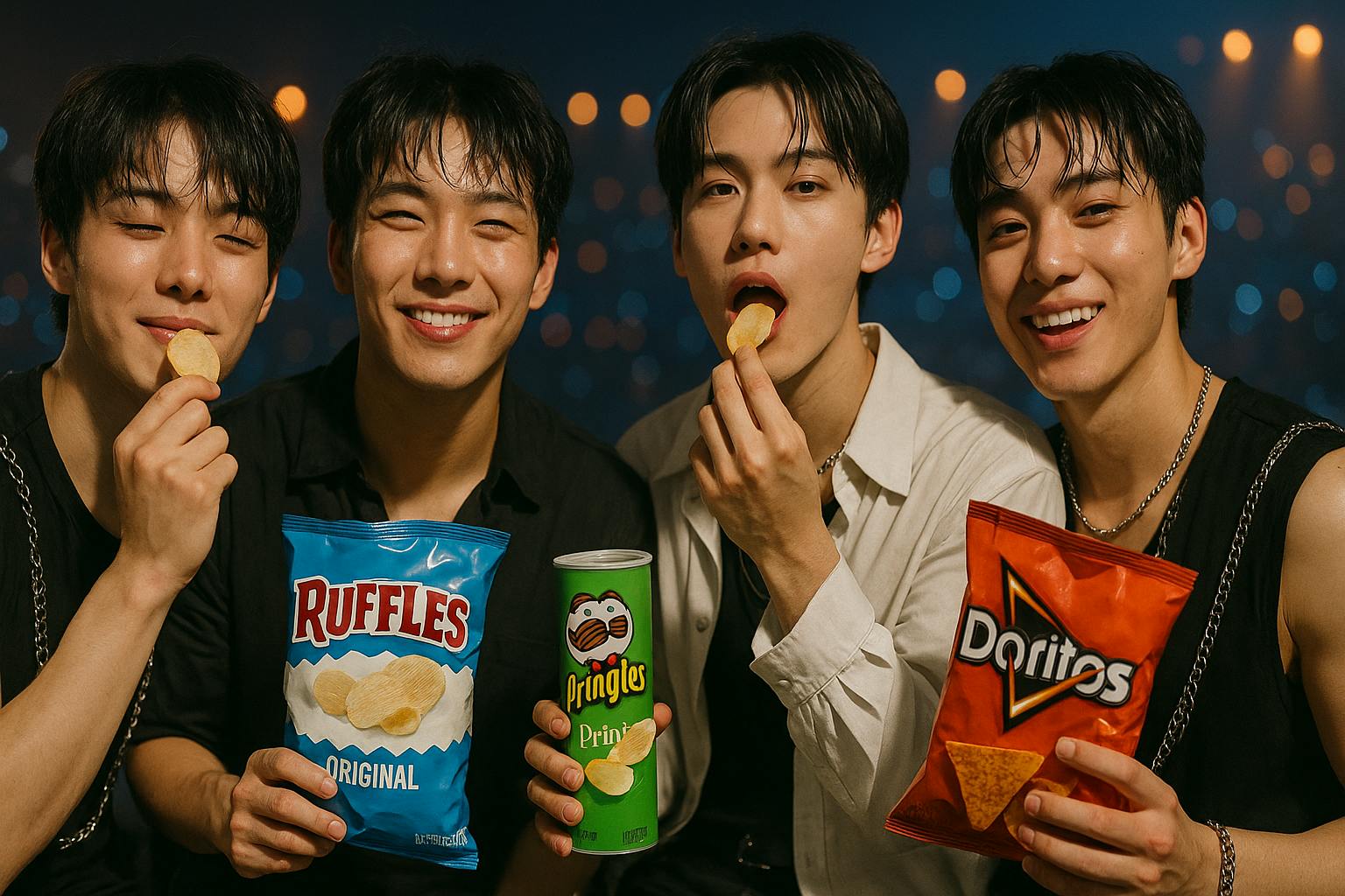 세 명의 아시아 소년이 칩과 간식을 들고 있습니다