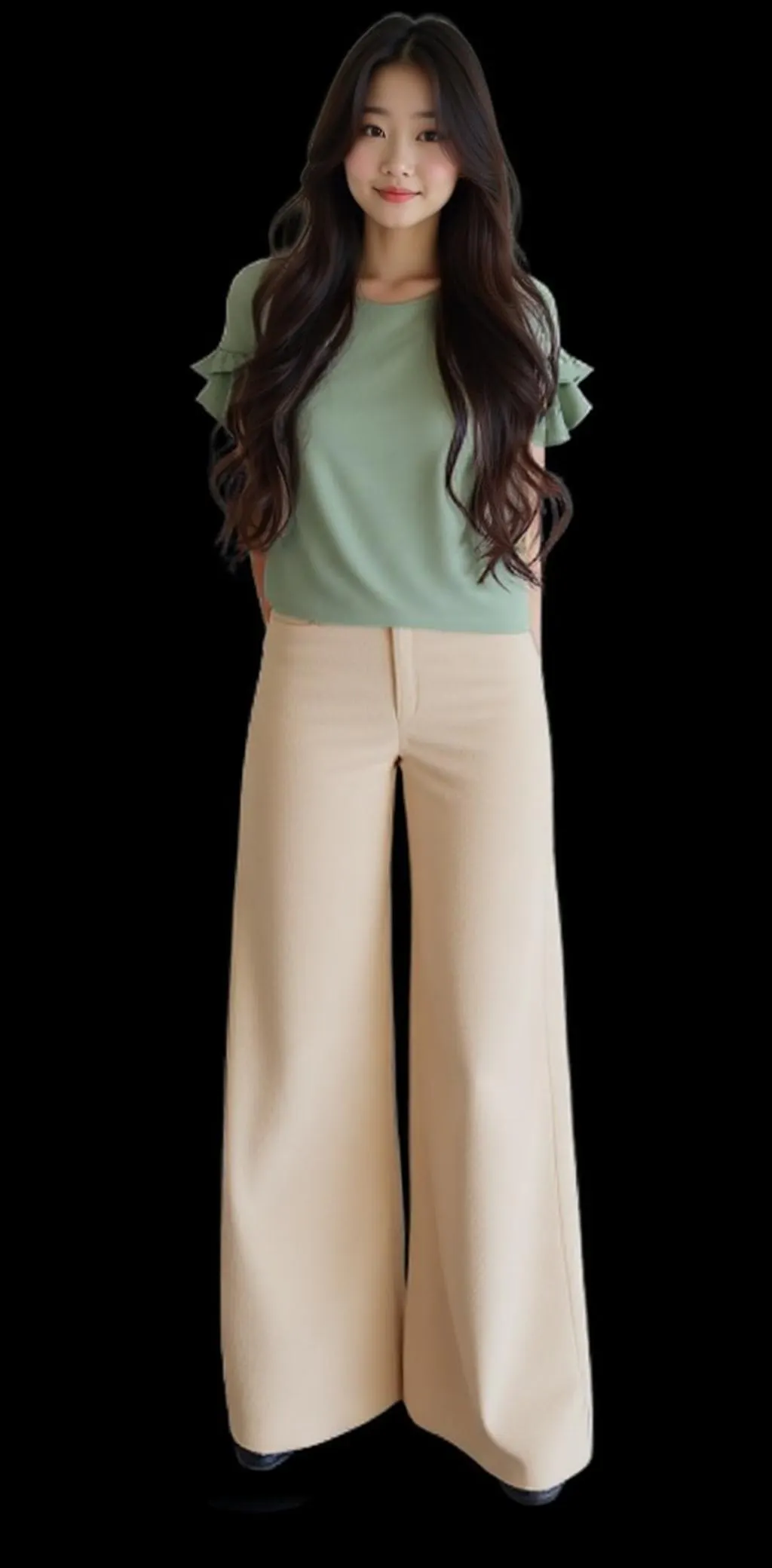 녹색 탑과 베이지 색의 넓은 다리 바지를 입은   여자
