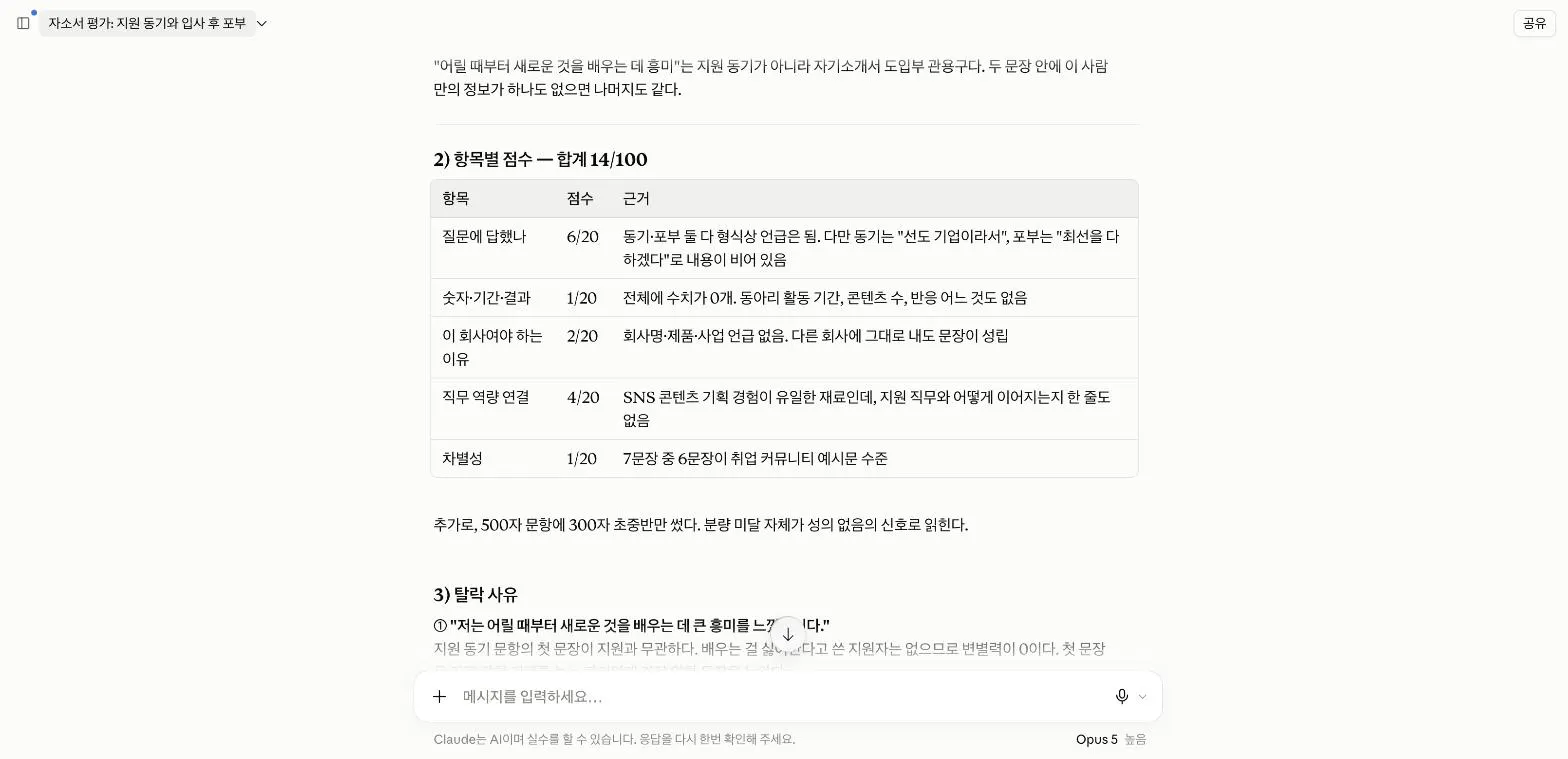 클로드의 항목별 채점표, 합계 14점