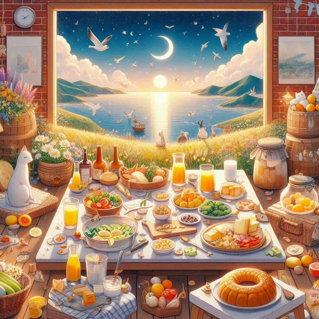 음식이 있는 테이블 그림과 전망