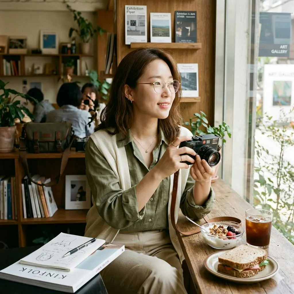 카페에서 카메라로 사진을 찍는 여자