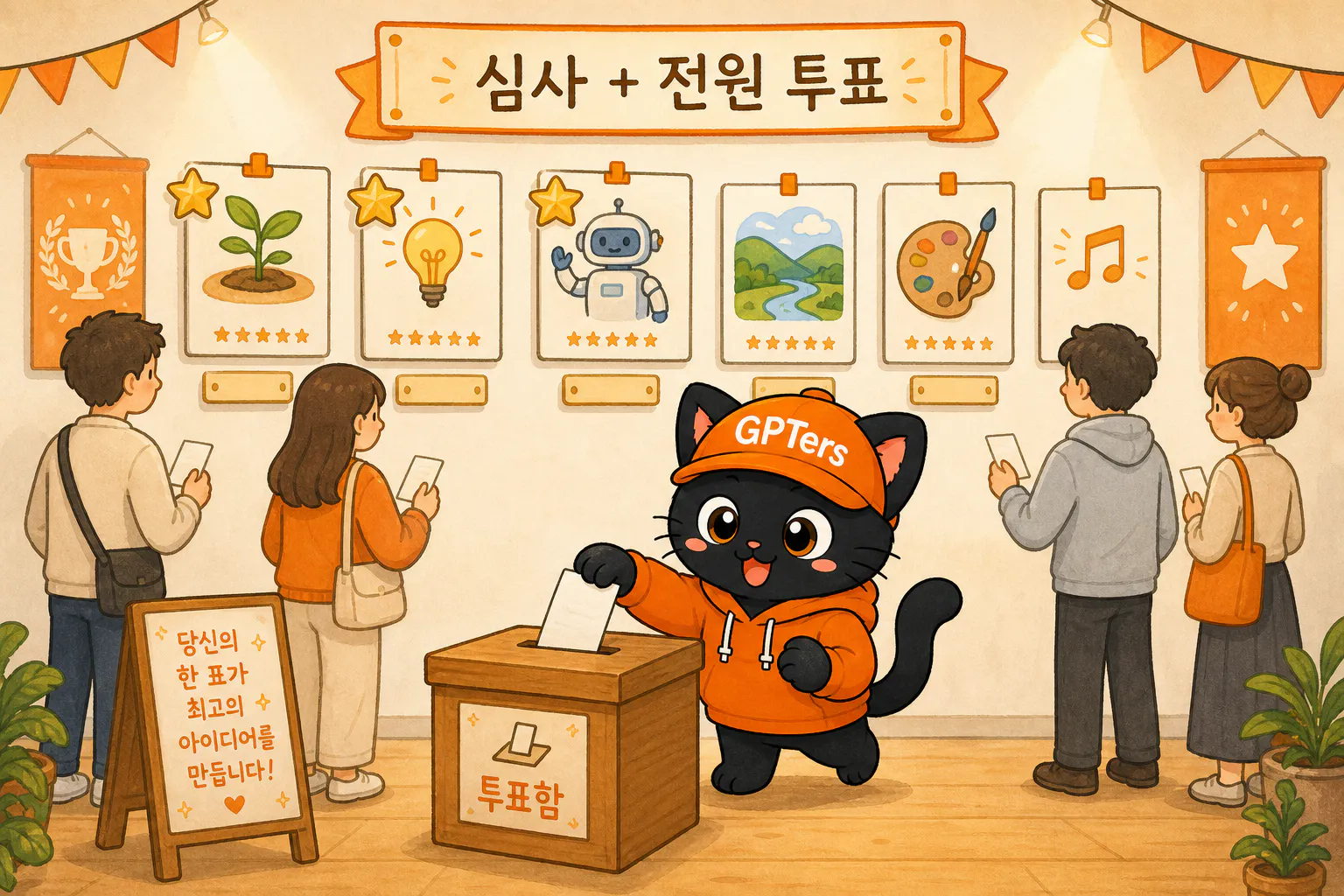제출과 투표 - 이름표 카드 갤러리와 전원 투표