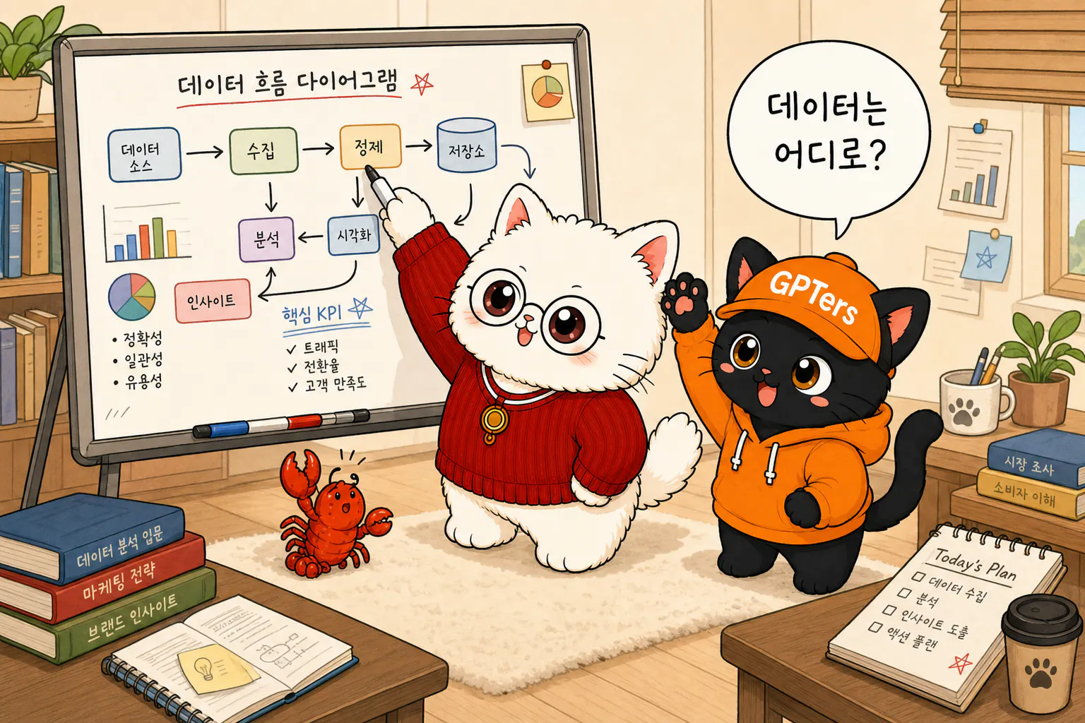 뽀둥이가 데이터의 길을 그리고 뽀짝이가 되묻는 장면