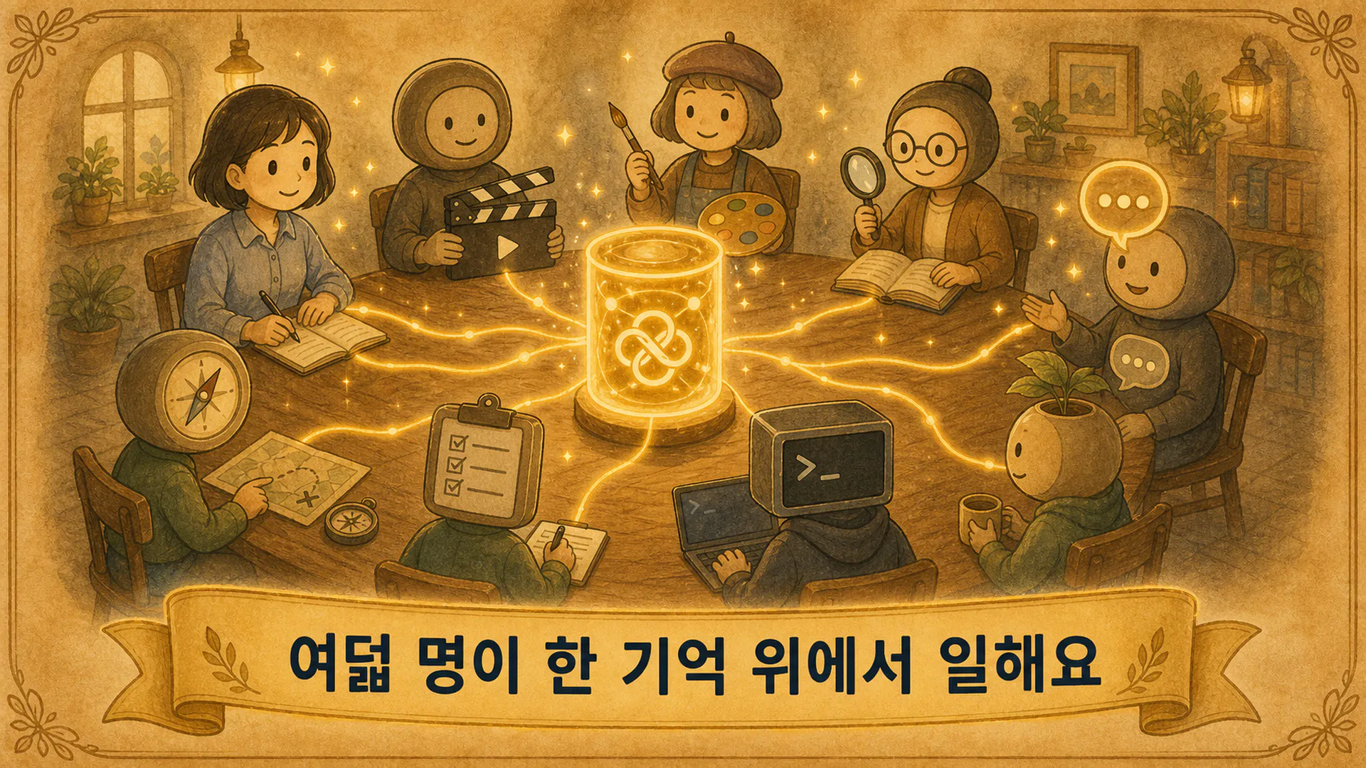 한 무리의 사람들이 테이블 주위에 앉아 있다