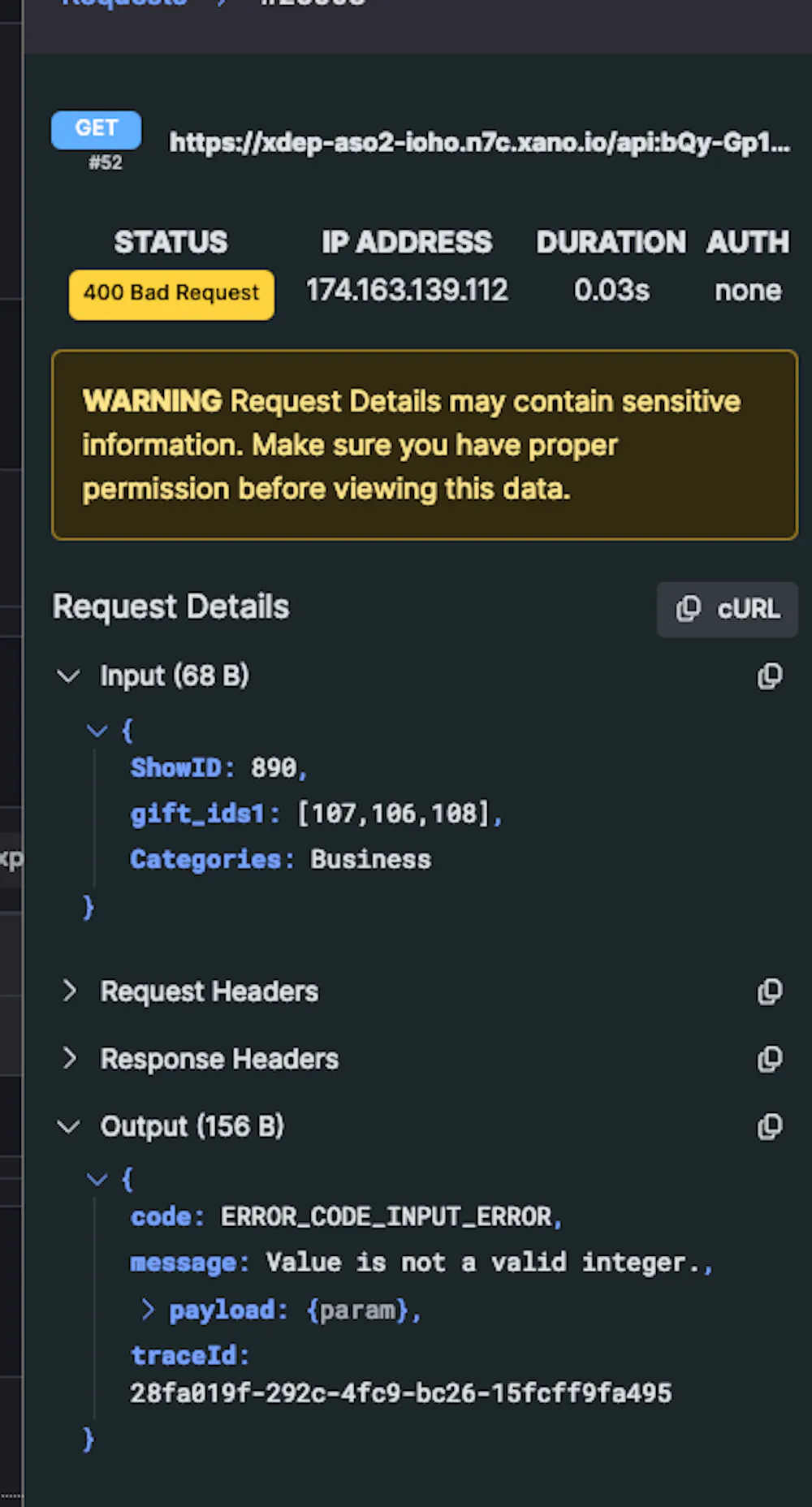 Receive error when I run the api request, but don't receive error when ...