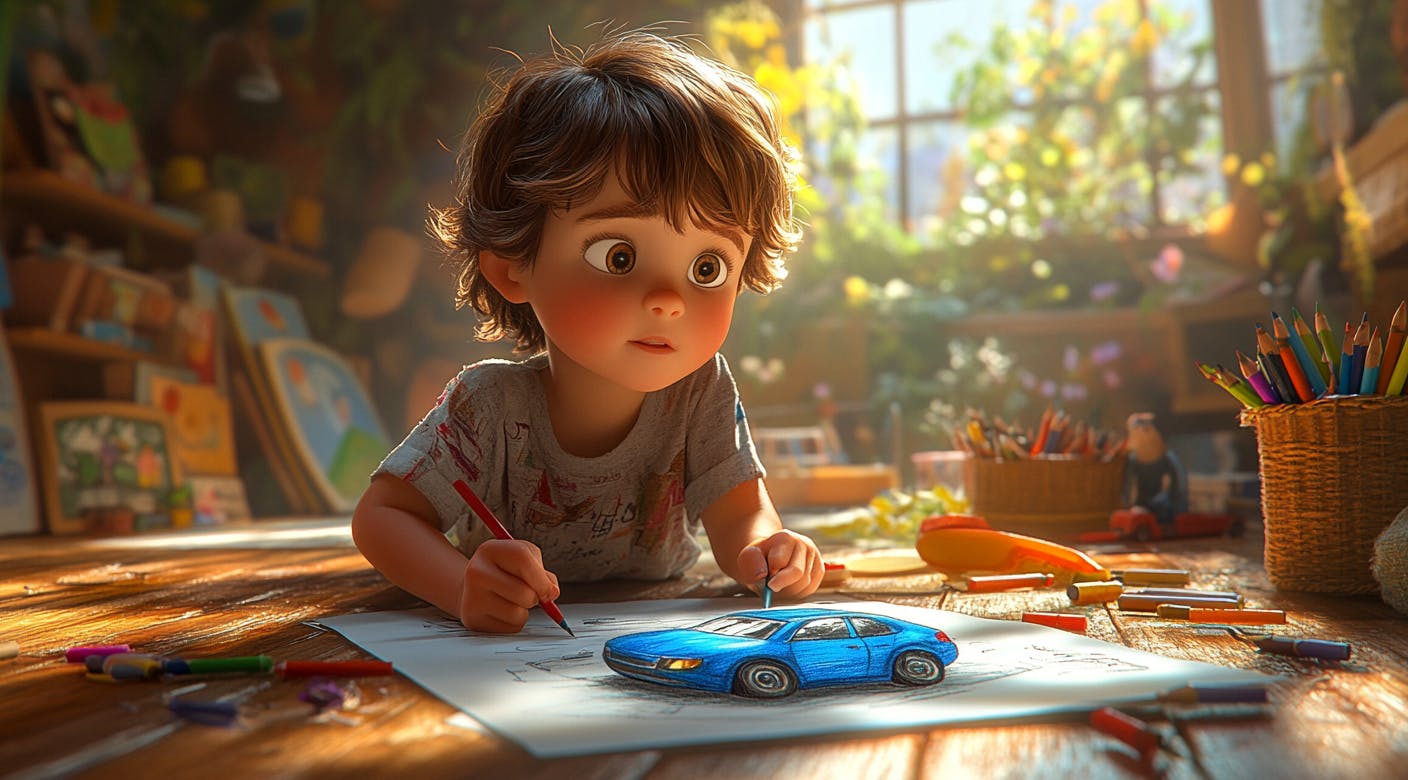 어린 소년이 바닥에 장난감 자동차를 그리고 있다