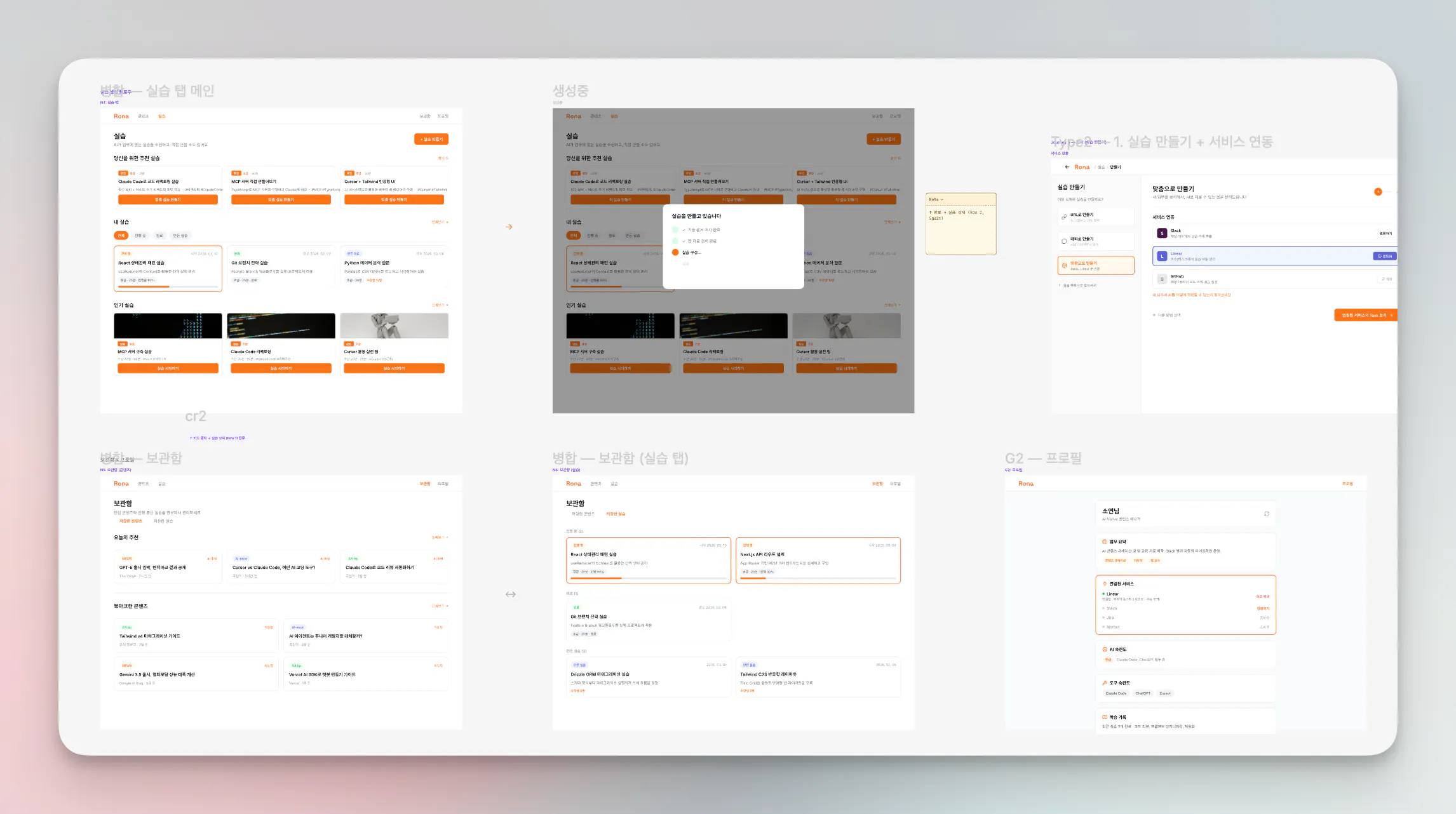 다양한 유형의 정보를 표시하는 일련의 화면