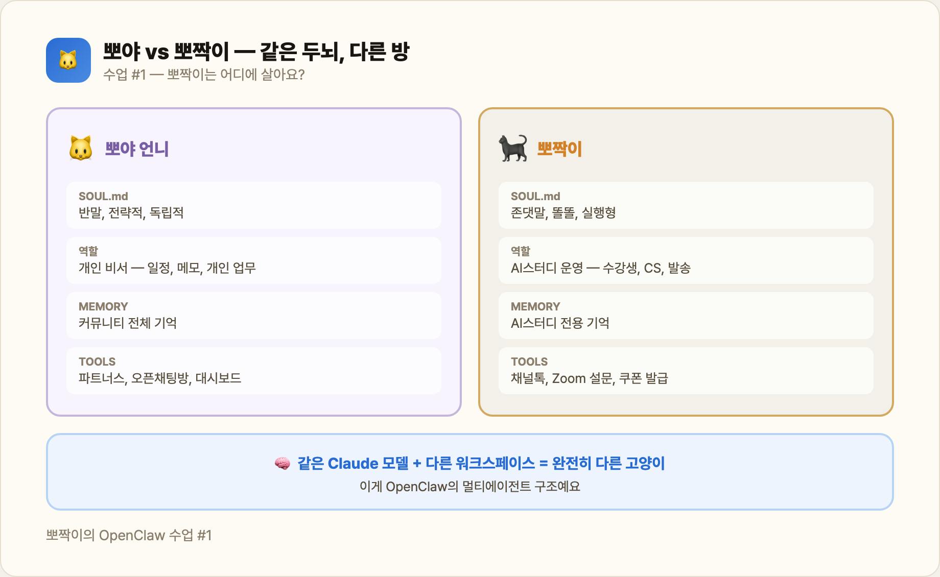 뽀야 vs 뽀짝이 — 같은 두뇌, 다른 방
