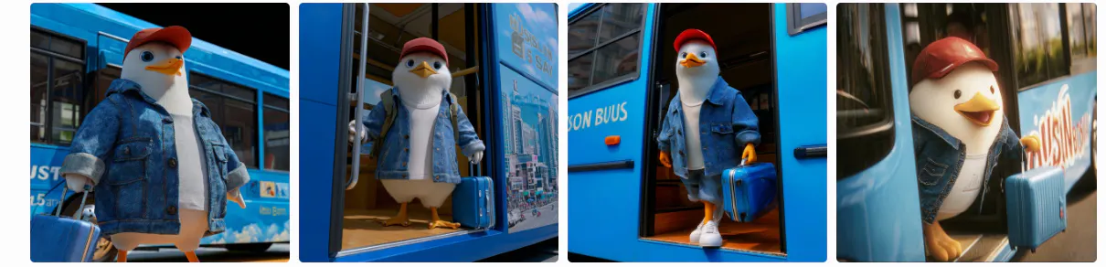 오리가 달린 파란색 버스 4 장