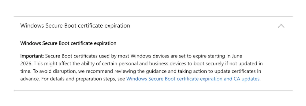 Older Windows UEFI Secure Boot Certificates Expire June 2026