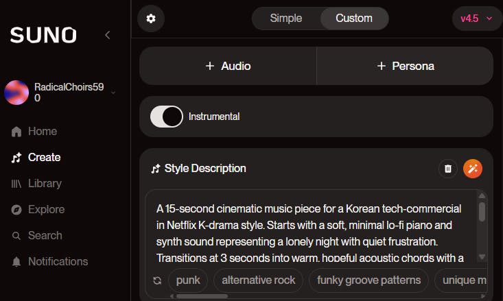 검은 색 화면에서 Suno 앱의 스크린 샷