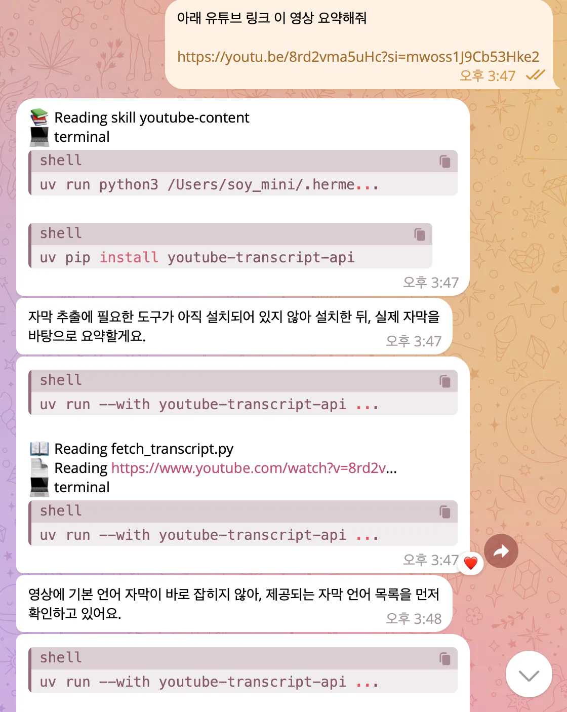 한국어 문자 메시지 스크린샷