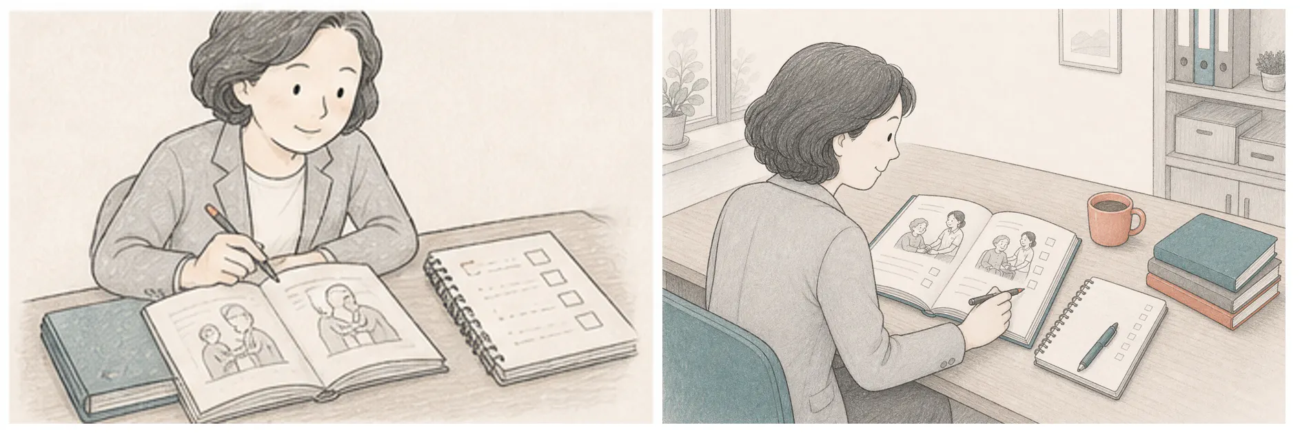 공책에 글을 쓰는 여성의 두 그림